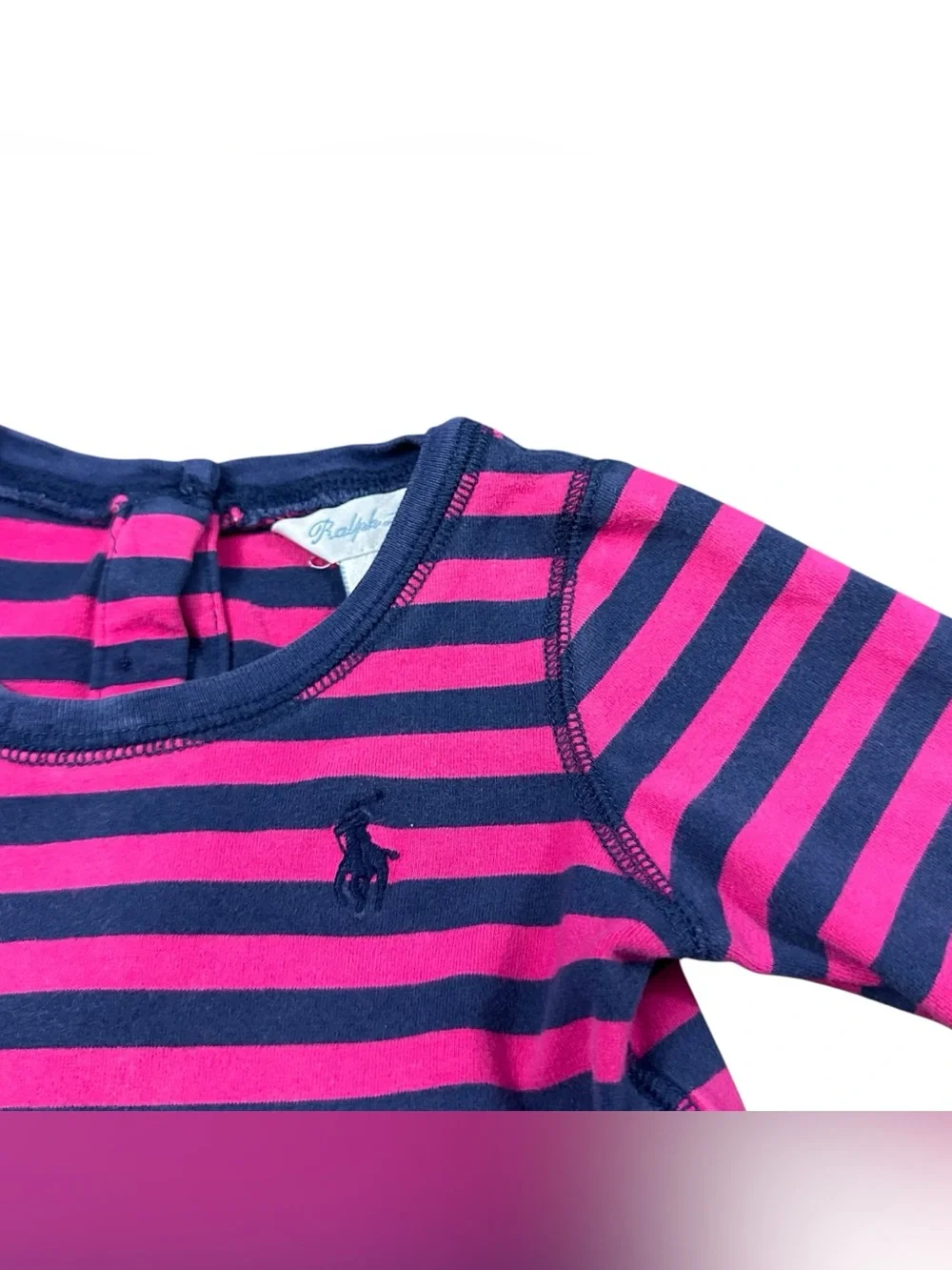 Ralph Lauren Baby Girls 6M Pink Navy Striped Long Sleeve Dress Pony